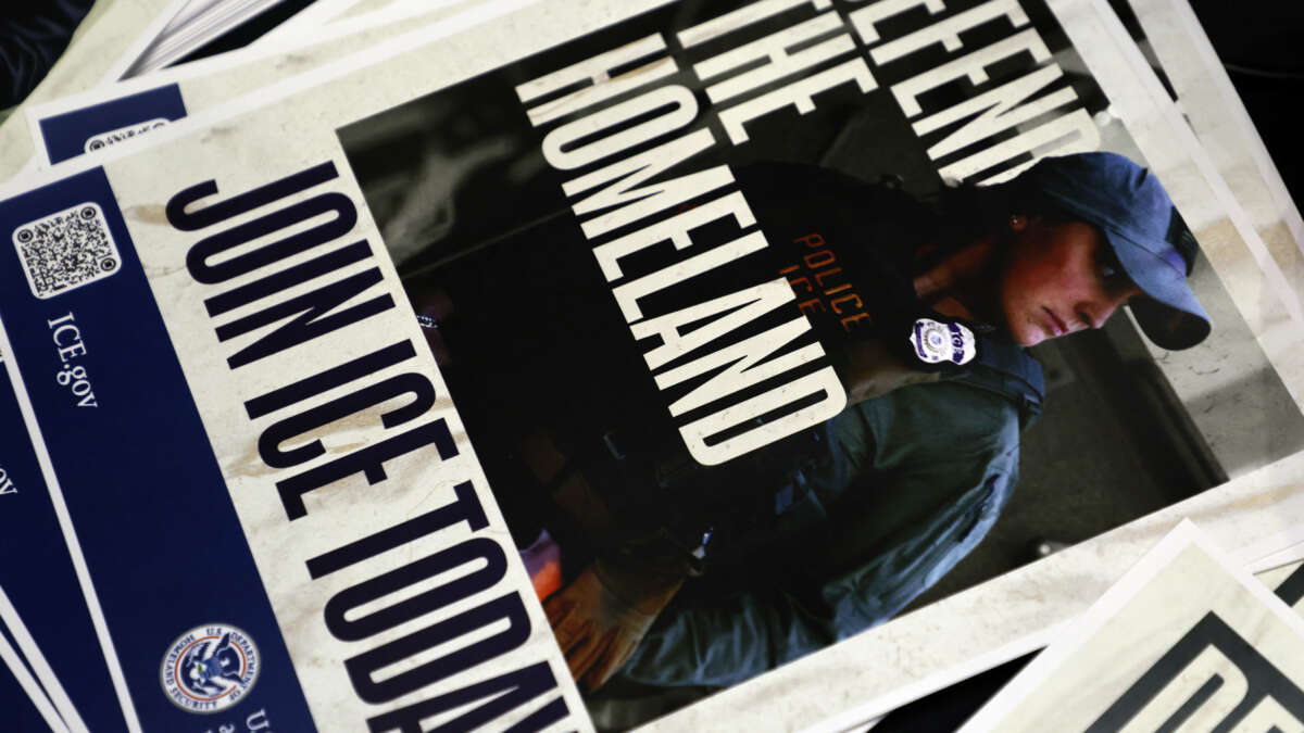 An ICE promotion flyer is seen during a U.S. Immigration and Customs Enforcement (ICE) hiring event on August 26, 2025, in Arlington, Texas.