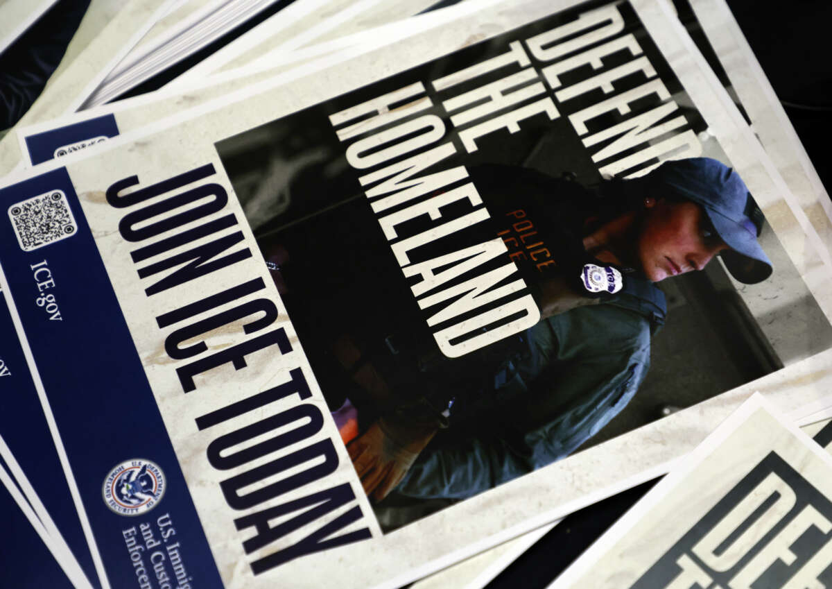 An ICE promotion flyer is seen during a U.S. Immigration and Customs Enforcement (ICE) hiring event on August 26, 2025, in Arlington, Texas.