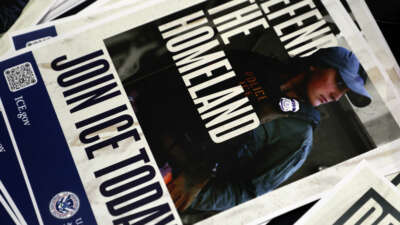 An ICE promotion flyer is seen during a U.S. Immigration and Customs Enforcement (ICE) hiring event on August 26, 2025, in Arlington, Texas.