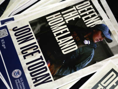 An ICE promotion flyer is seen during a U.S. Immigration and Customs Enforcement (ICE) hiring event on August 26, 2025, in Arlington, Texas.