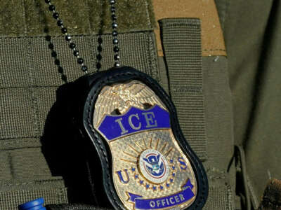 A badge hangs over the uniform of an Immigration and Customs Enforcement (ICE) agent.