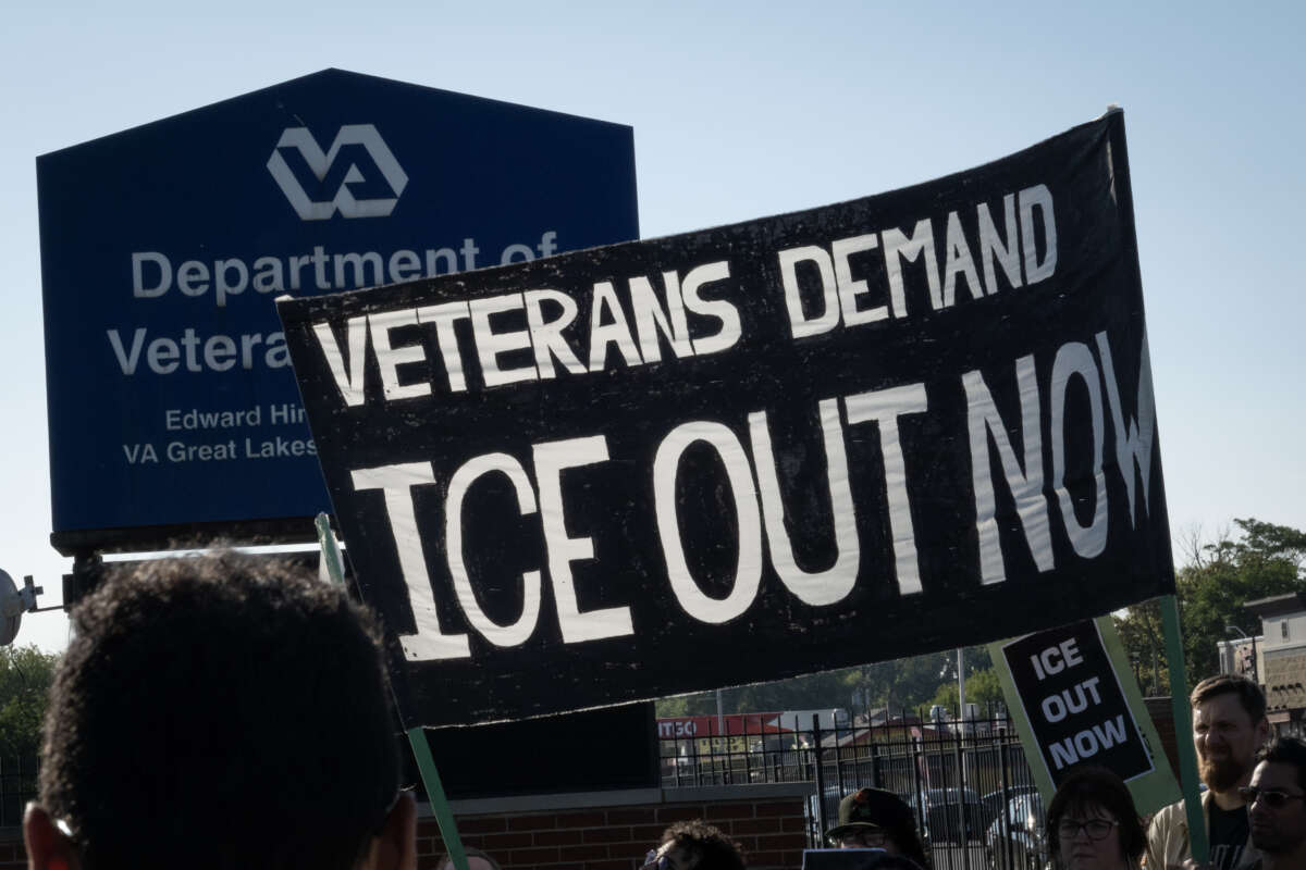 A small group of veterans, healthcare workers and supporters, gather outside the Edward Hines, Jr. VA Hospital in protest of Immigration and Customs Enforcement (ICE), who are using part of the facility to facilitate Operation Midway Blitz, on September 15, 2025, in Hines, Illinois.