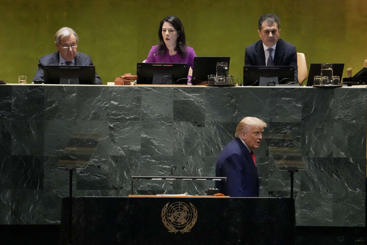 President Donald Trump departs after delivering remarks to the United Nations General Assembly at the UN headquarters in New York City on September 23, 2025.