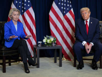 U.S. President Donald Trump meets with President of the European Commission Ursula von der Leyen during the 80th session of the UN’s General Assembly (UNGA) at the United Nations headquarters on September 23, 2025, in New York City.