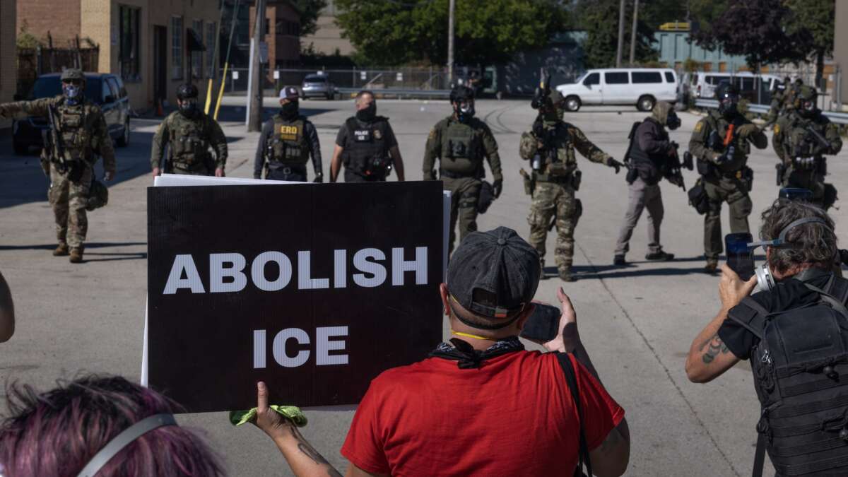 Demonstrators protest outside of an immigration processing center on September 26, 2025, in Broadview, Illinois.