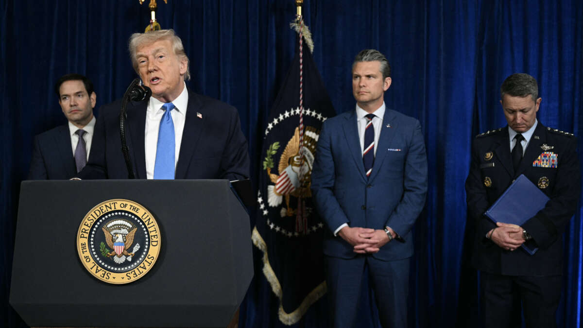 President Donald Trump, alongside Secretary of State Marco Rubio, Secretary of Defense Pete Hegseth, and Chairman of the Joint Chiefs of Staff General Dan Caine, speaks to the press following US military actions in Venezuela, at his Mar-a-Lago residence in Palm Beach, Florida, on January 3, 2026.