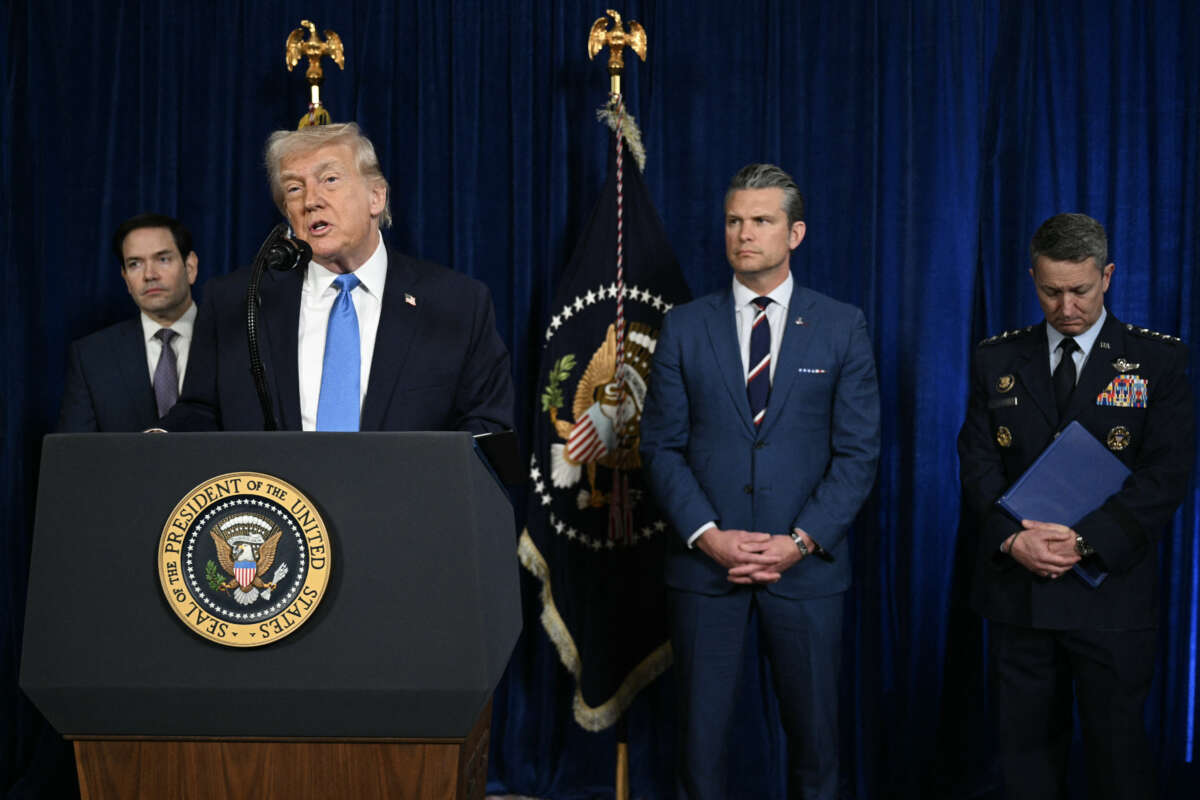 President Donald Trump, alongside Secretary of State Marco Rubio, Secretary of Defense Pete Hegseth, and Chairman of the Joint Chiefs of Staff General Dan Caine, speaks to the press following US military actions in Venezuela, at his Mar-a-Lago residence in Palm Beach, Florida, on January 3, 2026.