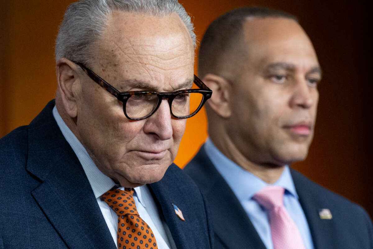 U.S. Senate Minority Leader Chuck Schumer (L), Democrat of New York, and U.S. House Minority Leader Hakeem Jeffries (R), Democrat of New York, hold a press conference on Capitol Hill in Washington, D.C., on January 8, 2026.