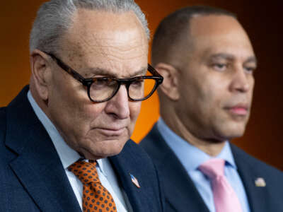 U.S. Senate Minority Leader Chuck Schumer (L), Democrat of New York, and U.S. House Minority Leader Hakeem Jeffries (R), Democrat of New York, hold a press conference on Capitol Hill in Washington, D.C., on January 8, 2026.