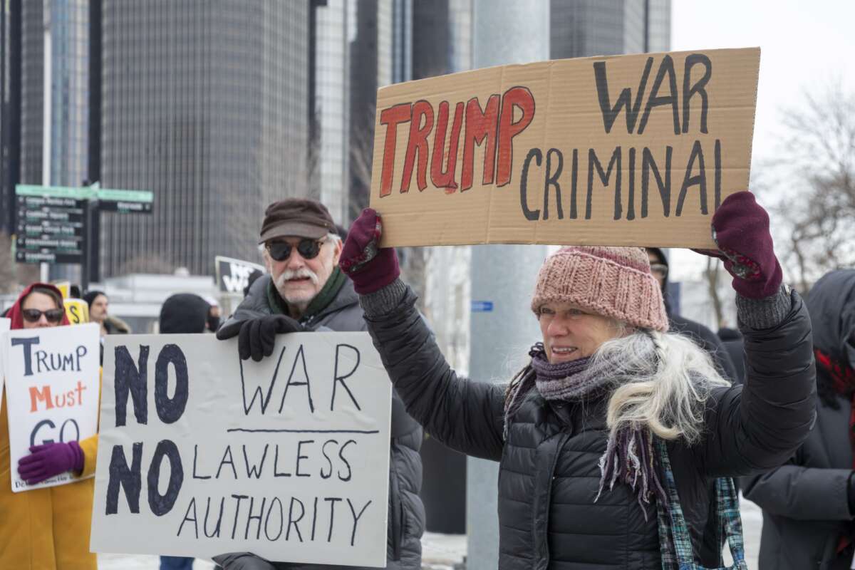 Activists rally in downtown Detroit, Michigan, on January 3 2026, to protest Donald Trump's military action in Venezuela.