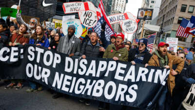 Thousands participate in a "No Wars, No Kings, No ICE" protest and march down Fifth Avenue in Manhattan against the policies of the Trump administration in New York City, New York, on January 11, 2026.