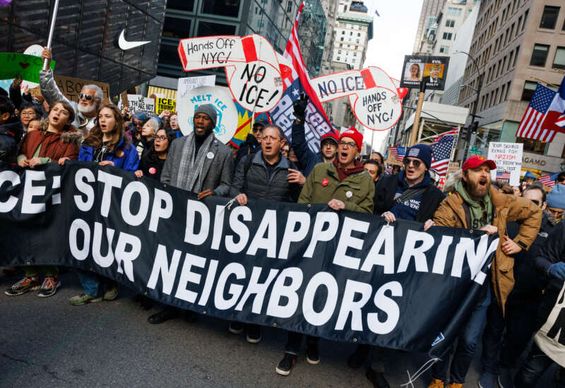 Thousands participate in a "No Wars, No Kings, No ICE" protest and march down Fifth Avenue in Manhattan against the policies of the Trump administration in New York City, New York, on January 11, 2026.