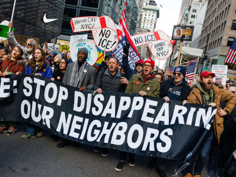 Thousands participate in a "No Wars, No Kings, No ICE" protest and march down Fifth Avenue in Manhattan against the policies of the Trump administration in New York City, New York, on January 11, 2026.