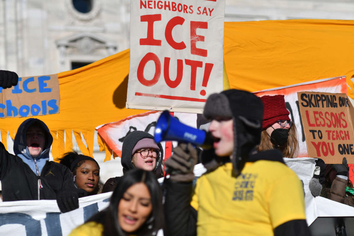 High school students gather for an anti-ICE protest outside the State Capitol in St. Paul, Minnesota, to call for an end to federal immigration detentions and enforcement actions, on January 14, 2026.