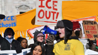 High school students gather for an anti-ICE protest outside the State Capitol in St. Paul, Minnesota, to call for an end to federal immigration detentions and enforcement actions, on January 14, 2026.