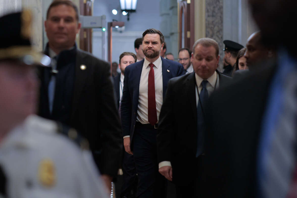 U.S. Vice President J.D. Vance arrives at the U.S. Capitol before casting a tie-breaking vote to block a Venezuela war powers resolution on January 14, 2026, in Washington, D.C.