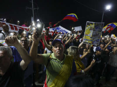 Protesters demand the release of President Nicolás Maduro and his wife Cilia Flores on January 20, 2026, in La Guaira, Venezuela.