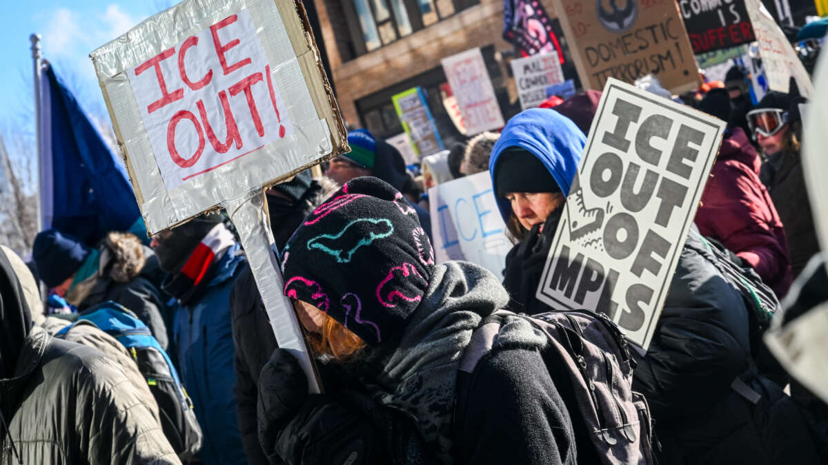 Demonstrators participate in a rally and march during an "ICE Out” day of protest on January 23, 2026, in Minneapolis, Minnesota.