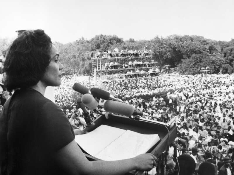 Coretta Scott King addresses the "Solidarity Day" rally of the Poor People's Campaign from the steps of the Lincoln Memorial in Washington, D.C., on June 19, 1968.