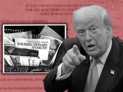 An image of criminal charges featuring a picture of zines, with Donald Trump in the foreground