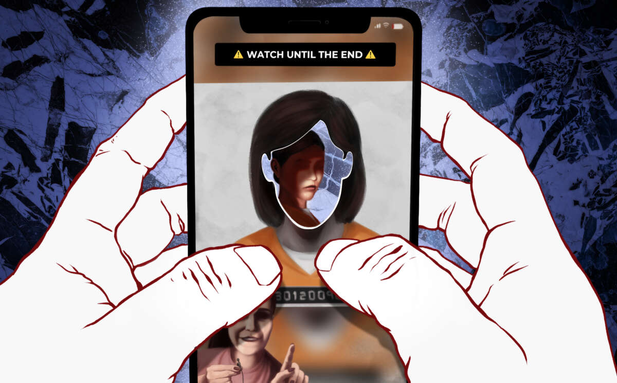 Hands hold a phone displaying a social media video of a woman pointing at an incarcerated person.