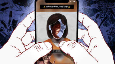 Hands hold a phone displaying a social media video of a woman pointing at an incarcerated person.