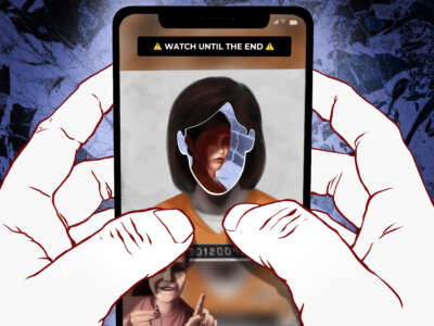 Hands hold a phone displaying a social media video of a woman pointing at an incarcerated person.