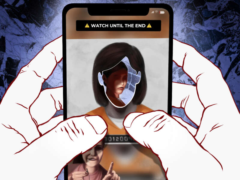 Hands hold a phone displaying a social media video of a woman pointing at an incarcerated person.