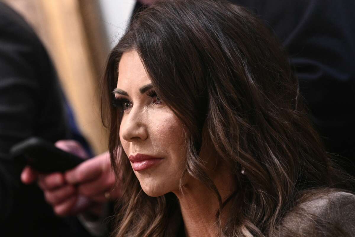 Secretary of Homeland Security Kristi Noem listens as President Donald Trump hosts a cabinet meeting in the Cabinet Room of the White House in Washington, D.C., on January 29, 2026.