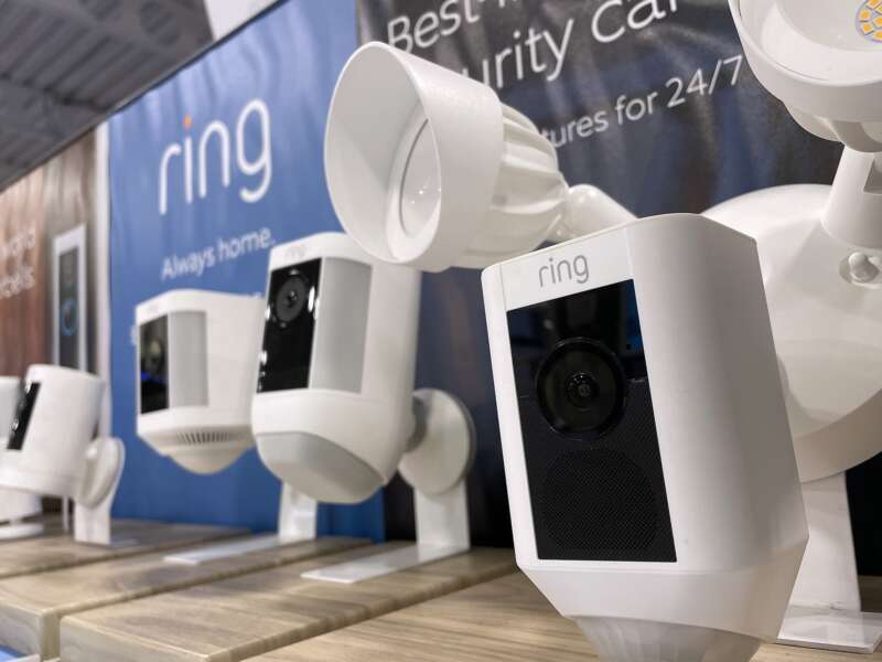 Ring security cameras are displayed on a shelf at a Best Buy store on June 1, 2023 in San Rafael, California.