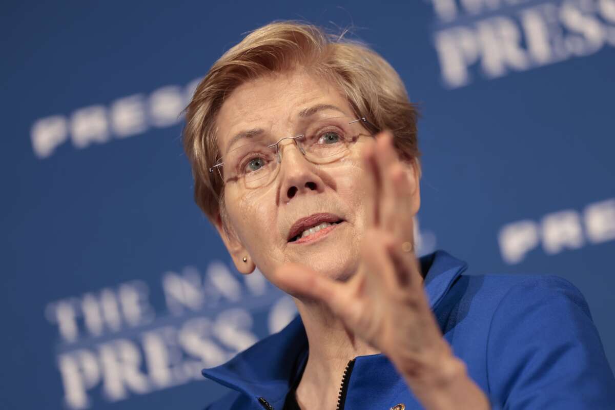 Sen. Elizabeth Warren (D-Massachusetts) holds a discussion at the National Press Building on January 12, 2026 in Washington, D.C.