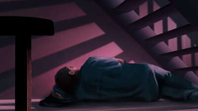 An illustration shows a person sleeping underneath a staircase.