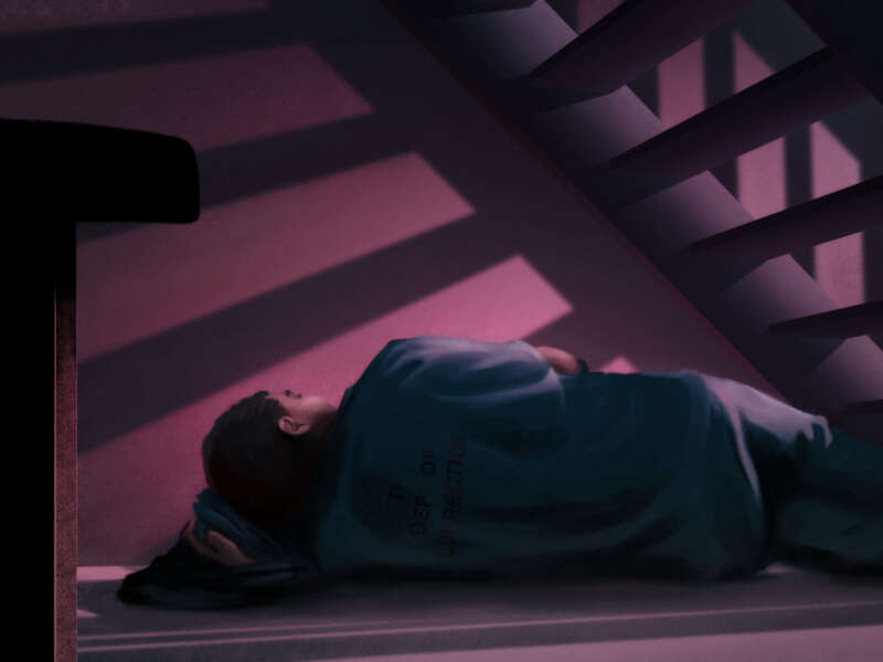 An illustration shows a person sleeping underneath a staircase.