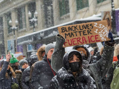 A protester holds a sign reading "Black Lives Matter Fuera ICE. 2 Struggles 1 Fight."
