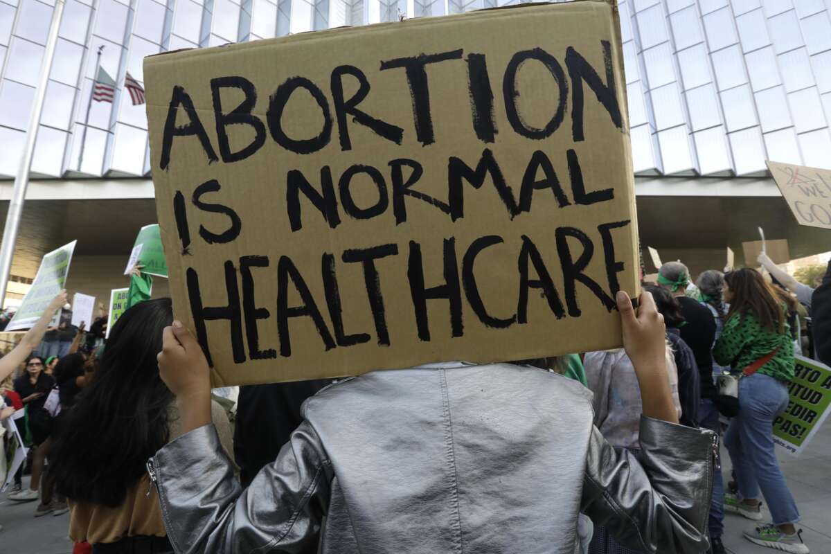 Hundreds rally in front of the U.S. Courthouse in downtown Los Angeles, California, on May 3, 2022, ahead of the Supreme Court ruling overturning Roe v. Wade.
