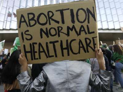 Hundreds rally in front of the U.S. Courthouse in downtown Los Angeles, California, on May 3, 2022, ahead of the Supreme Court ruling overturning Roe v. Wade.
