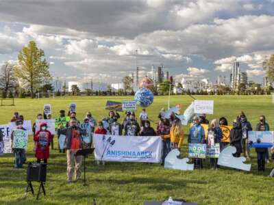 Environmental and Indigenous activists rally to shut down the Enbridge Line 5 oil pipeline, which runs under the Straits of Mackinac, on May 12, 2021, in Detroit, Michigan. A decision from the Supreme Court on Line 5’s jurisdiction is expected before the court term ends this summer.