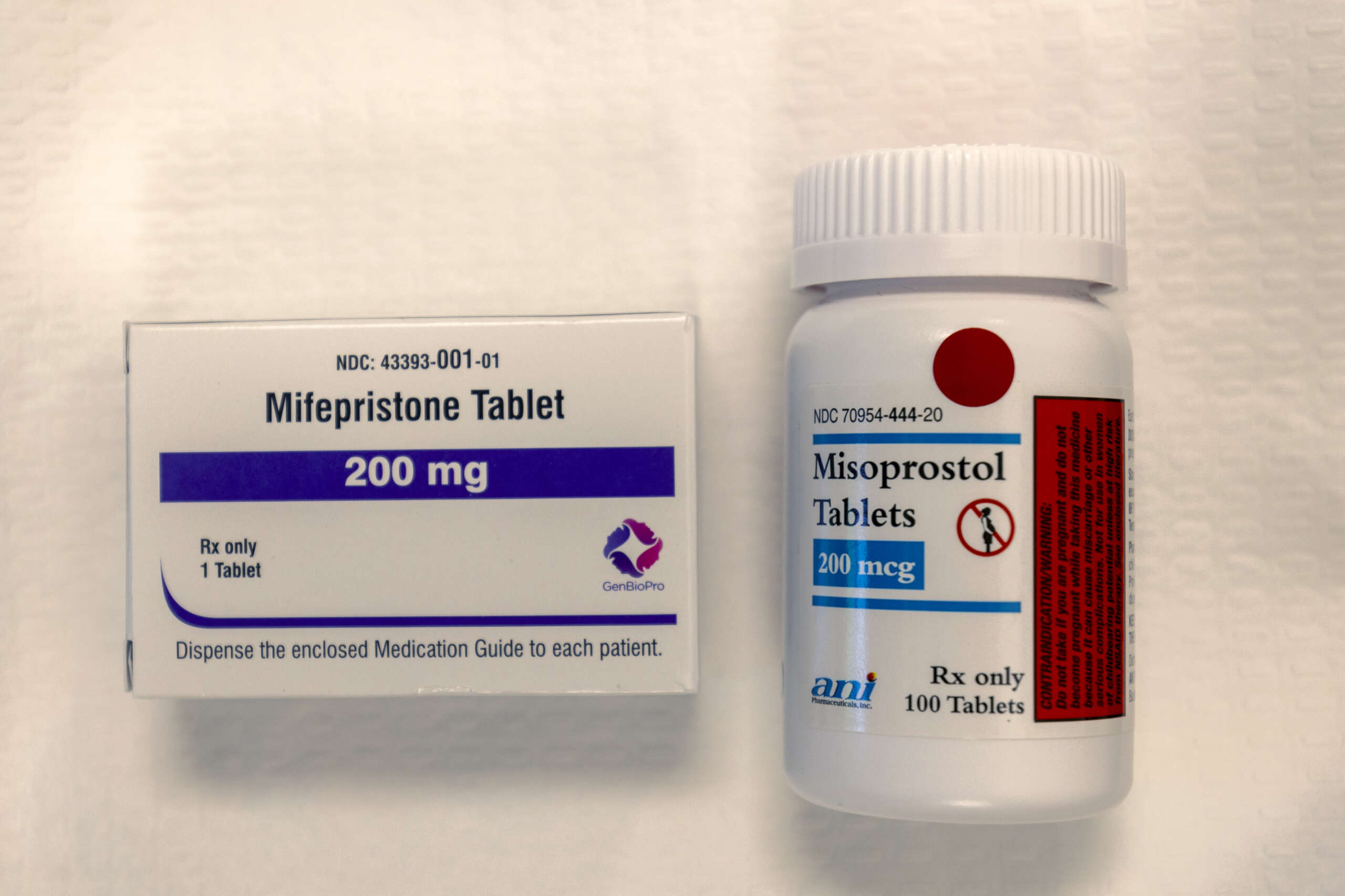 Mifepristone and misoprostol abortion pill medications displayed at a clinic in Wyoming