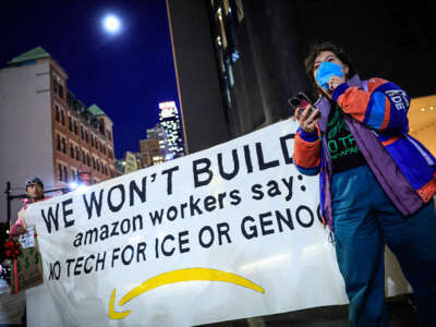 Demonstrators protest against Amazon on "Cyber Monday" outside Amazon Corporate Offices in New York City, on December 1, 2025.