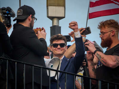 Far-right political figure Nick Fuentes rallies outside Turning Point USA’s The People’s Convention on June 15, 2024, in Detroit, Michigan.
