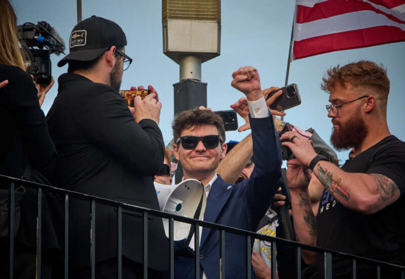 Far-right political figure Nick Fuentes rallies outside Turning Point USA’s The People’s Convention on June 15, 2024, in Detroit, Michigan.