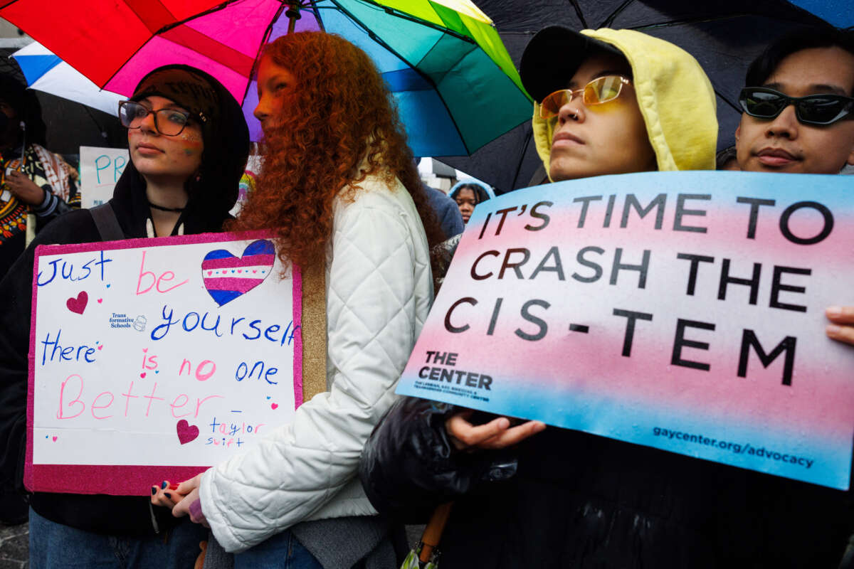 People gather in Union Square for the Together We Win rally in support of transgender youth held in New York City, on January 10, 2026.