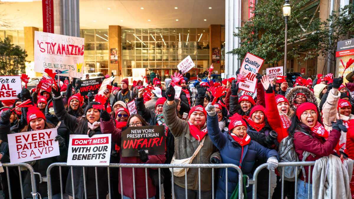 Nurses from New York-Presbyterian/Columbia University Irving Medical Center strike outside the hospital on January 12, 2026, in New York City.