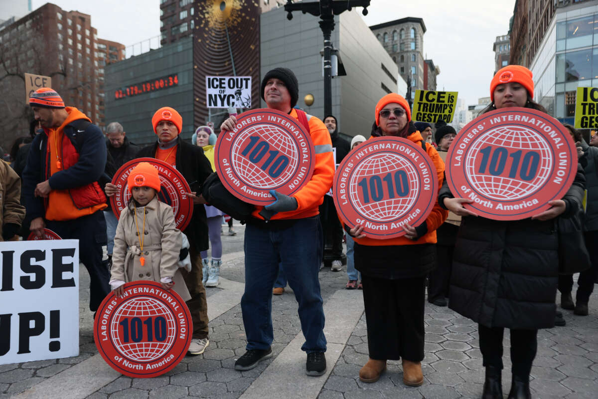 People gather for National Day of Truth & Freedom at Union Square on January 23, 2026, in New York City. 1199SEIU frontline healthcare workers, faith leaders, students and community members stood in solidarity with Minnesota, after community groups, faith-based organizations, and unions in the state came together to call for an “economic blackout,” as part of National Day of Truth & Freedom to stand against corporations profiteering from Immigration and Customs Enforcement's (ICE) actions.