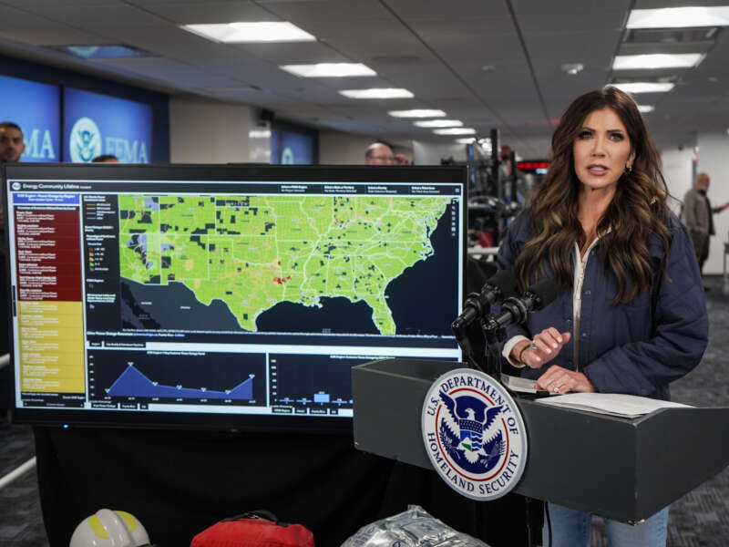 U.S. Secretary of Homeland Security Kristi Noem speaks during a news conference in the National Response Coordination Center at the Federal Emergency Management Agency (FEMA) headquarters on January 24, 2026, in Washington, D.C.