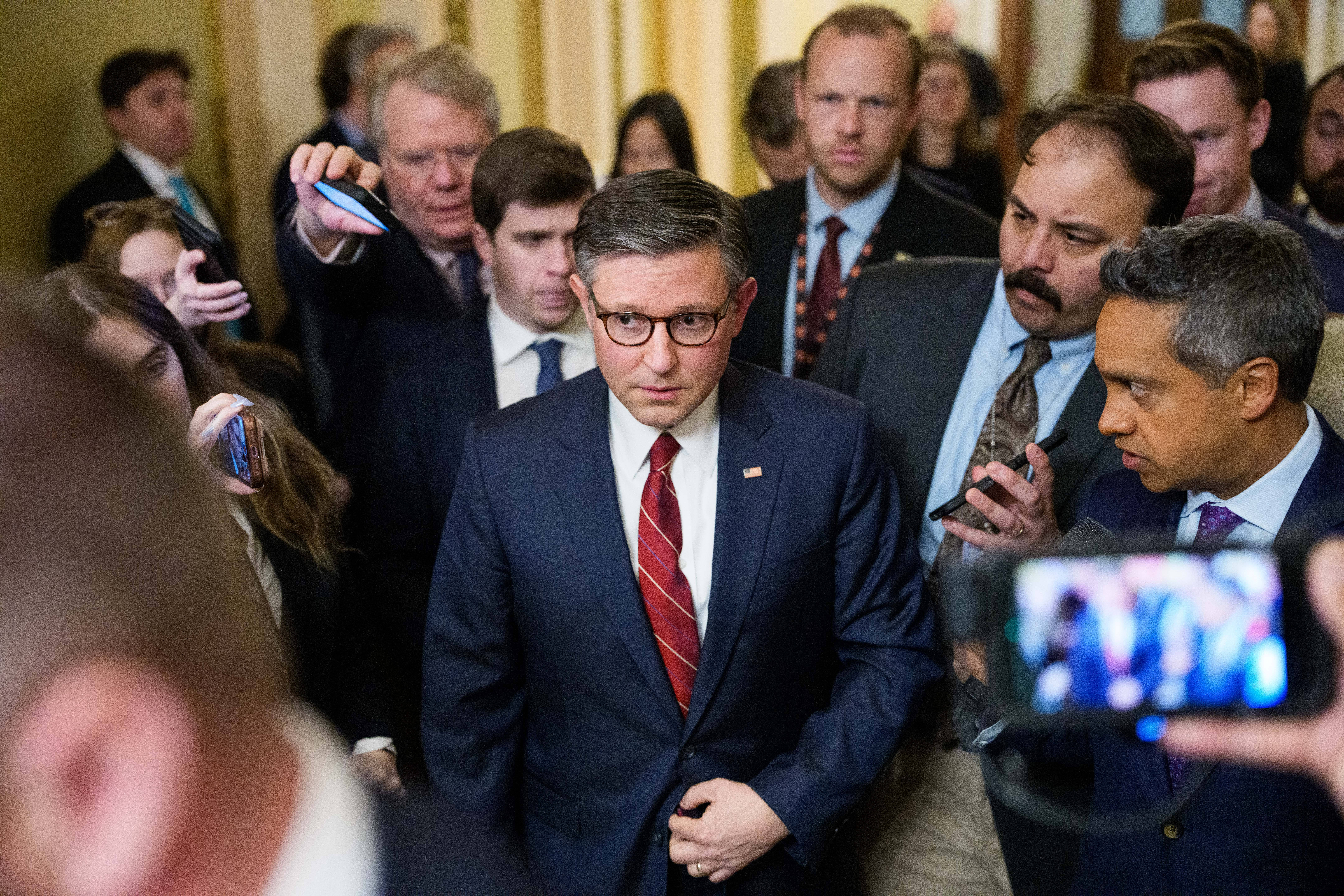 Speaker of the House Mike Johnson talks with reporters following a rules vote on funding the U.S. government at the U.S. Capitol February 3, 2026, in Washington, D.C.