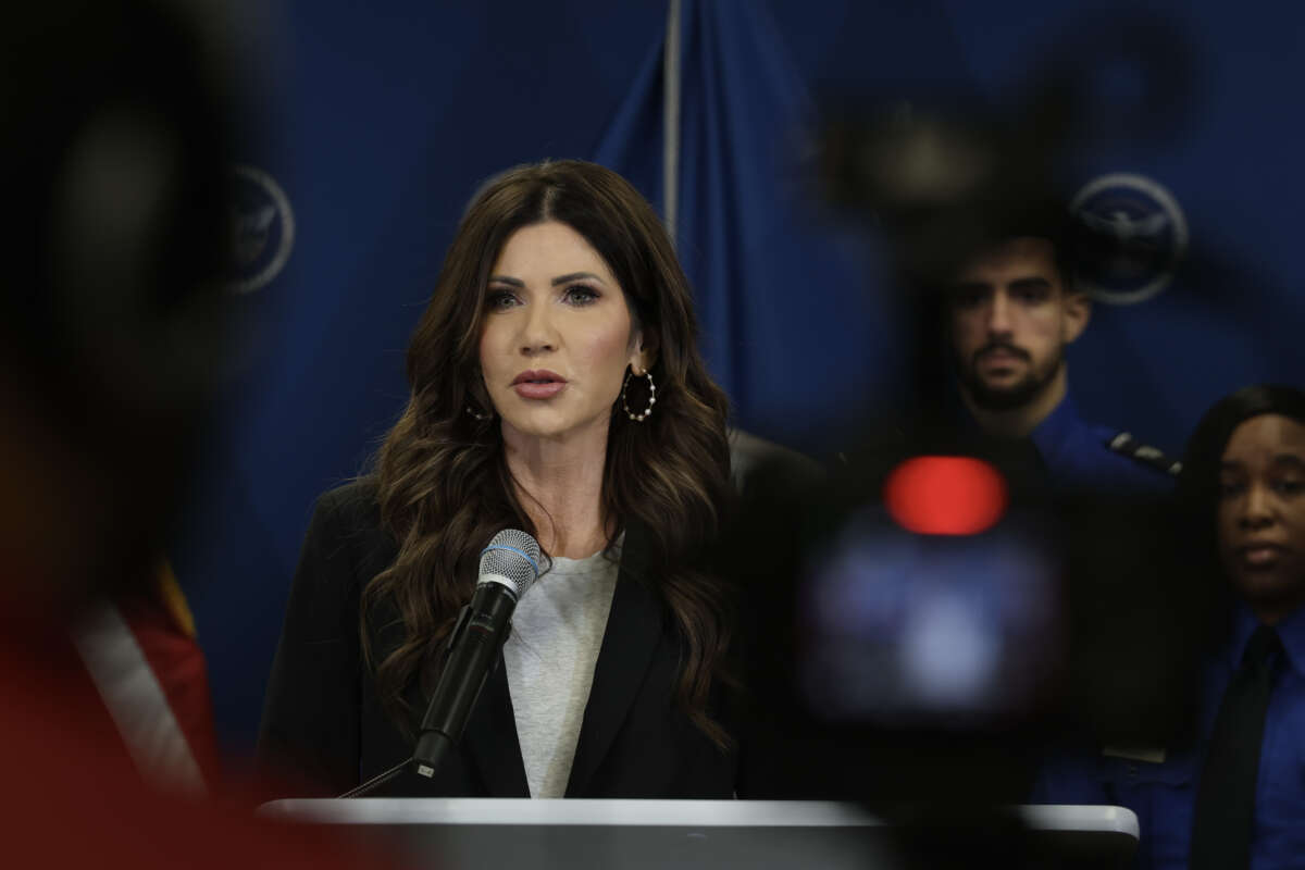 U.S. Secretary of Homeland Security Kristi Noem holds a news conference at Miami International Airport on January 31, 2026, in Miami, Florida.