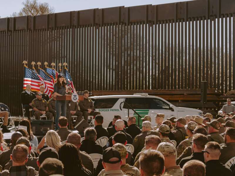 Homeland Security Secretary Kristi Noem speaks during a press conference near the border wall between the US and Mexico in Nogales, Arizona, on February 4, 2026.