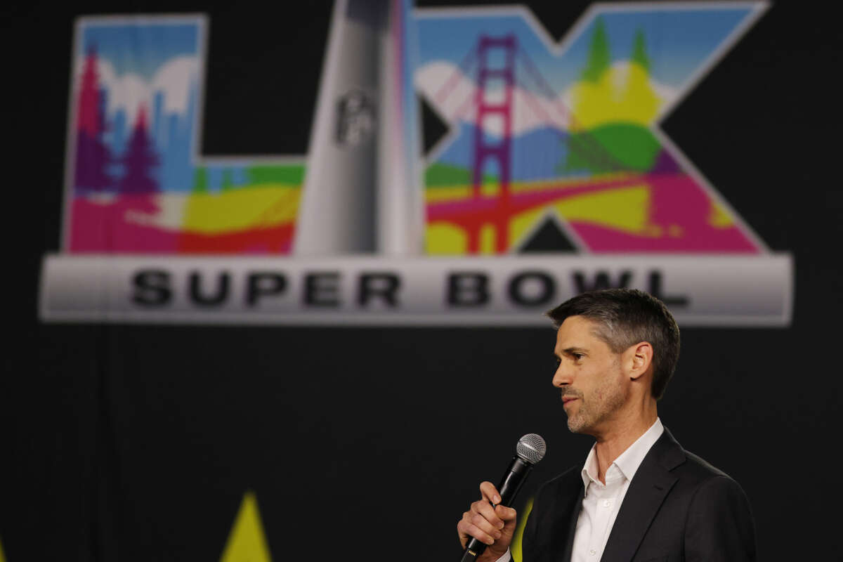 San Jose Mayor Matt Mahan speaks during Super Bowl LX Opening Night at San Jose McEnery Convention Center on February 2, 2026, in San Jose, California.