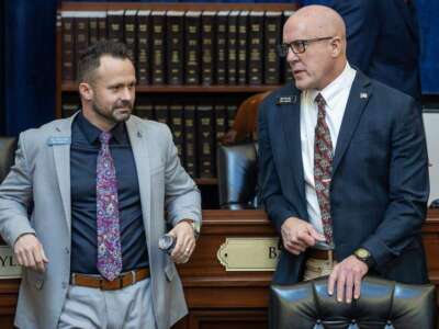 Idaho state Rep. Ted Hill, left, an Eagle Republican, and state Rep. Jaron Crane, a Nampa Republican, in January. Hill proposed a bathroom bill backed by a Christian lobbying group.